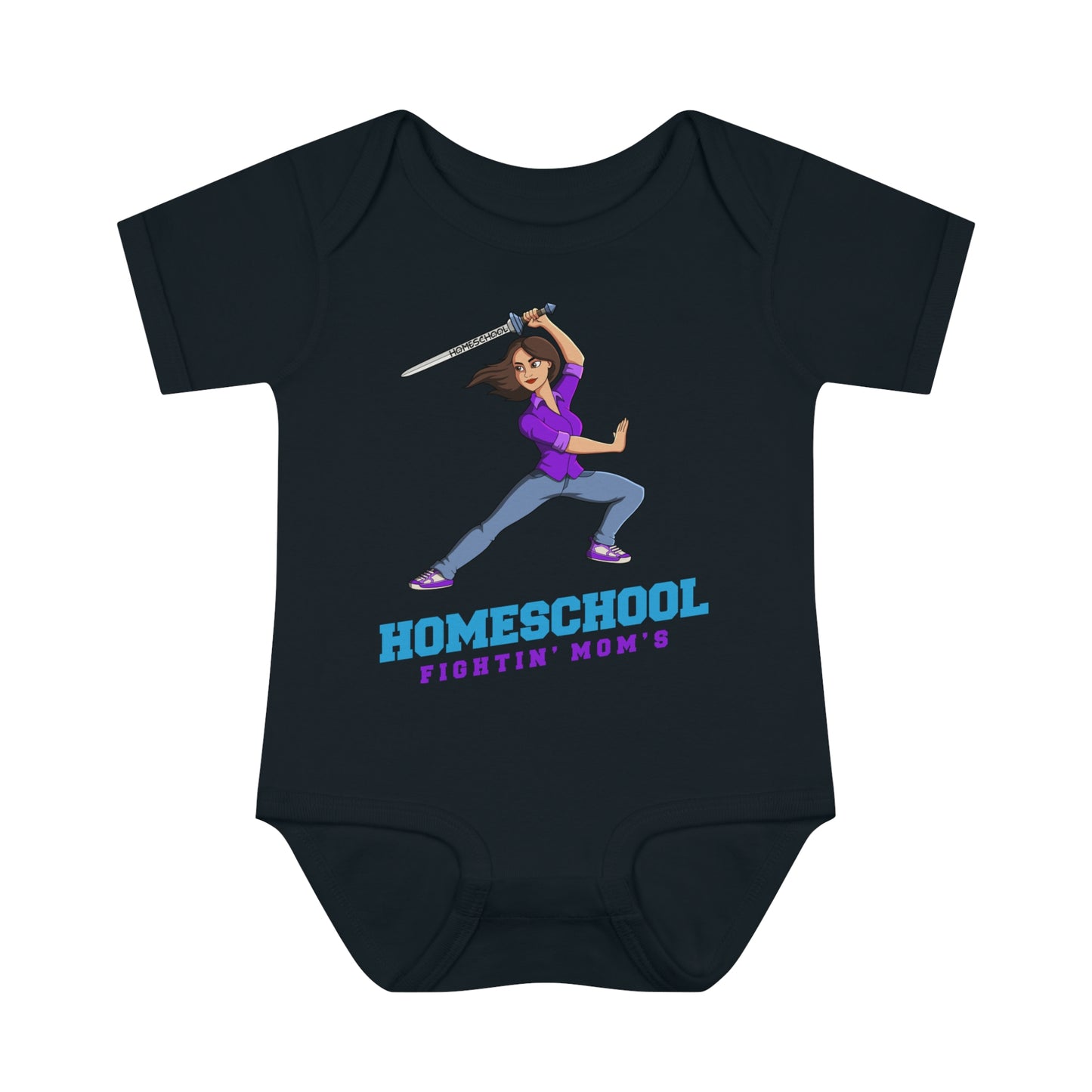 a black onesie with the slogan homeschool fighitin mom's a cartoon of a young woman with cleverly branding a sword