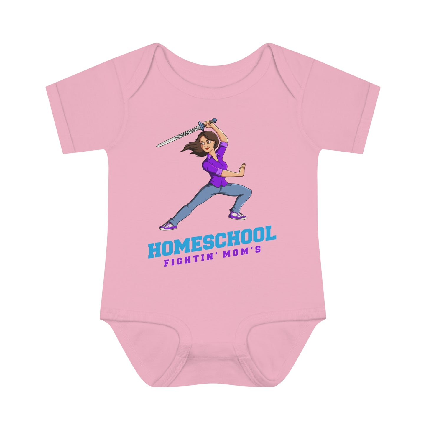 a pink onesie with the slogan homeschool fighitin mom's a cartoon of a young woman with cleverly branding a sword