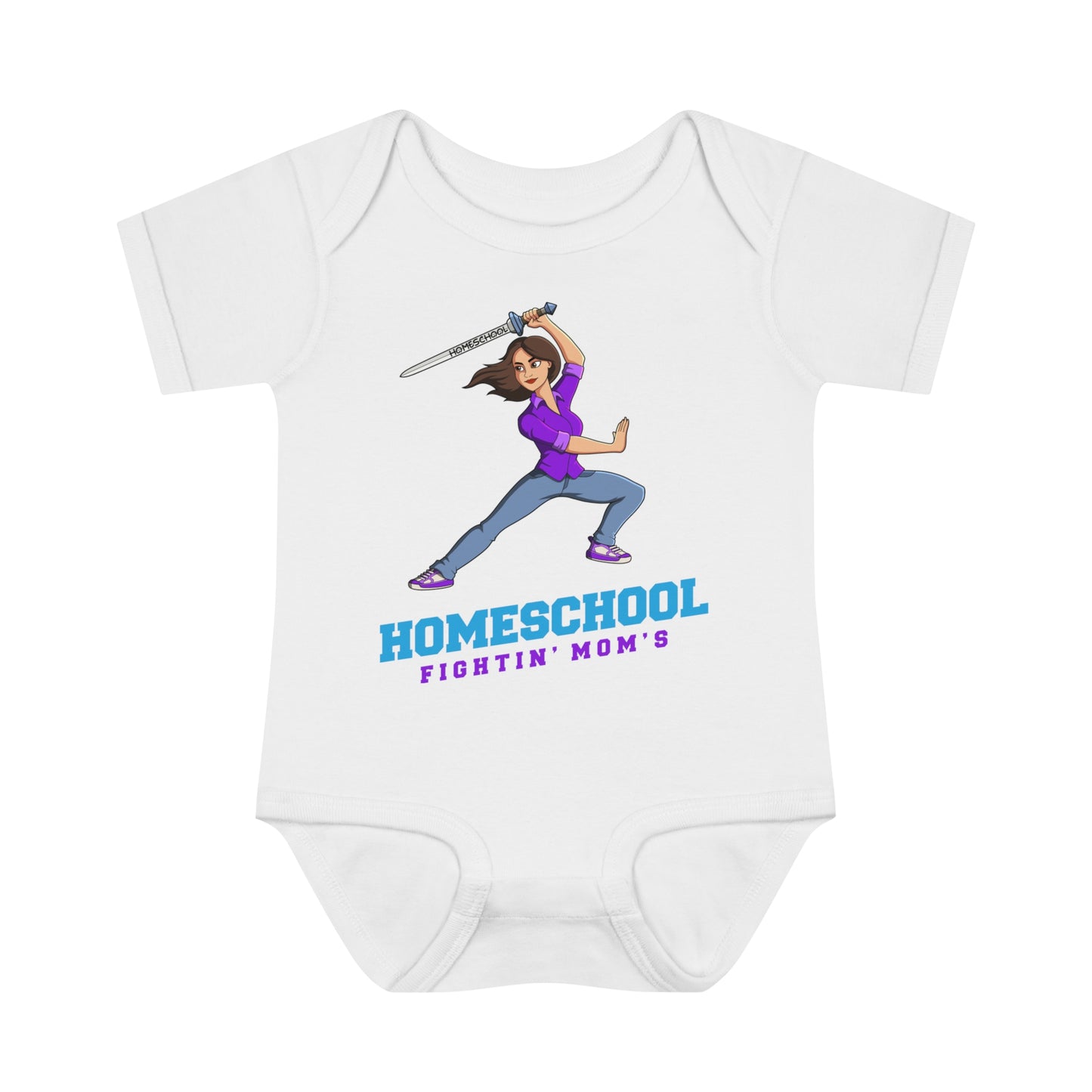 a white onesie with the slogan homeschool fighitin mom's a cartoon of a young woman with cleverly branding a sword