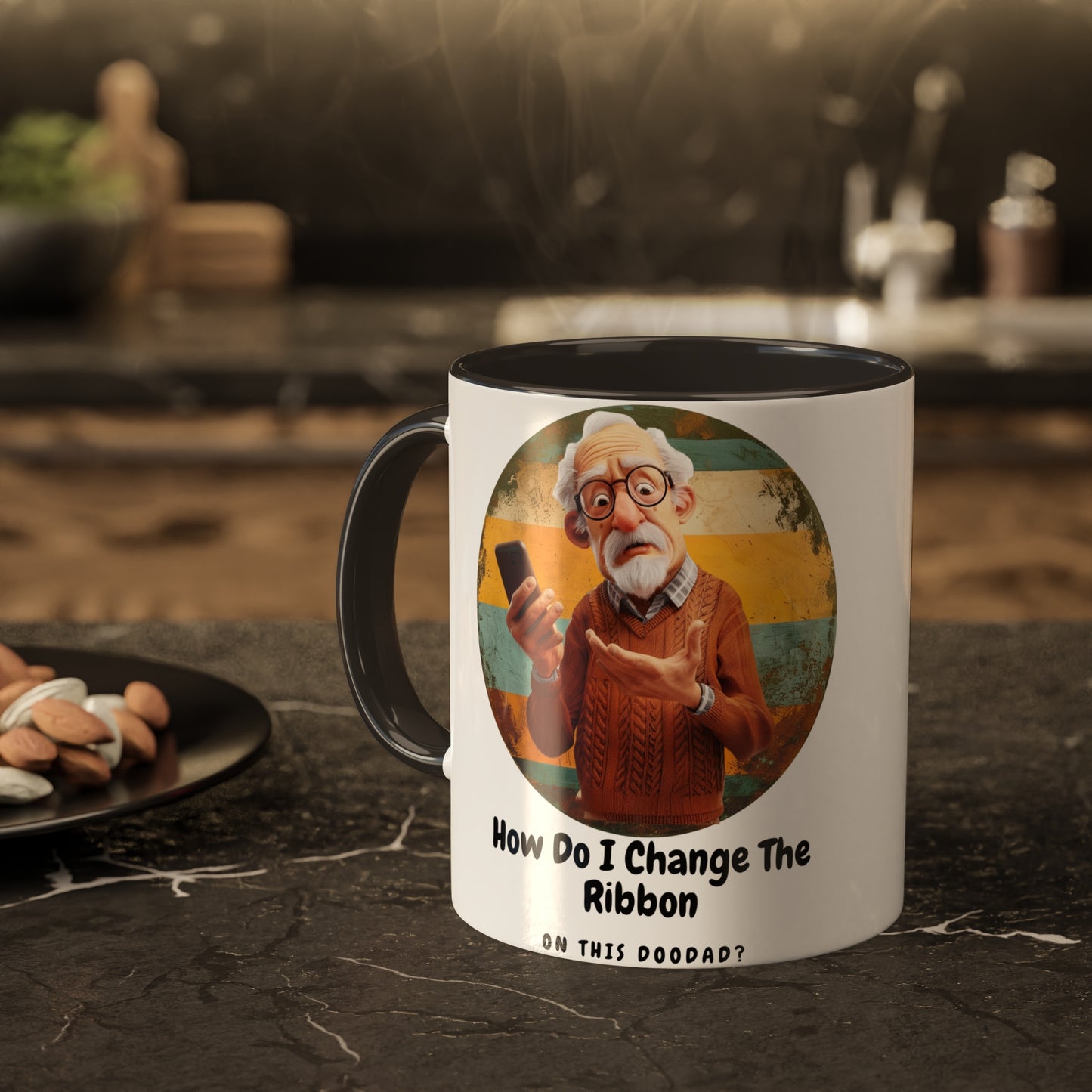a elderly man holds a cell phone in confusion with the slogan how do I change the ribbon on this doodad