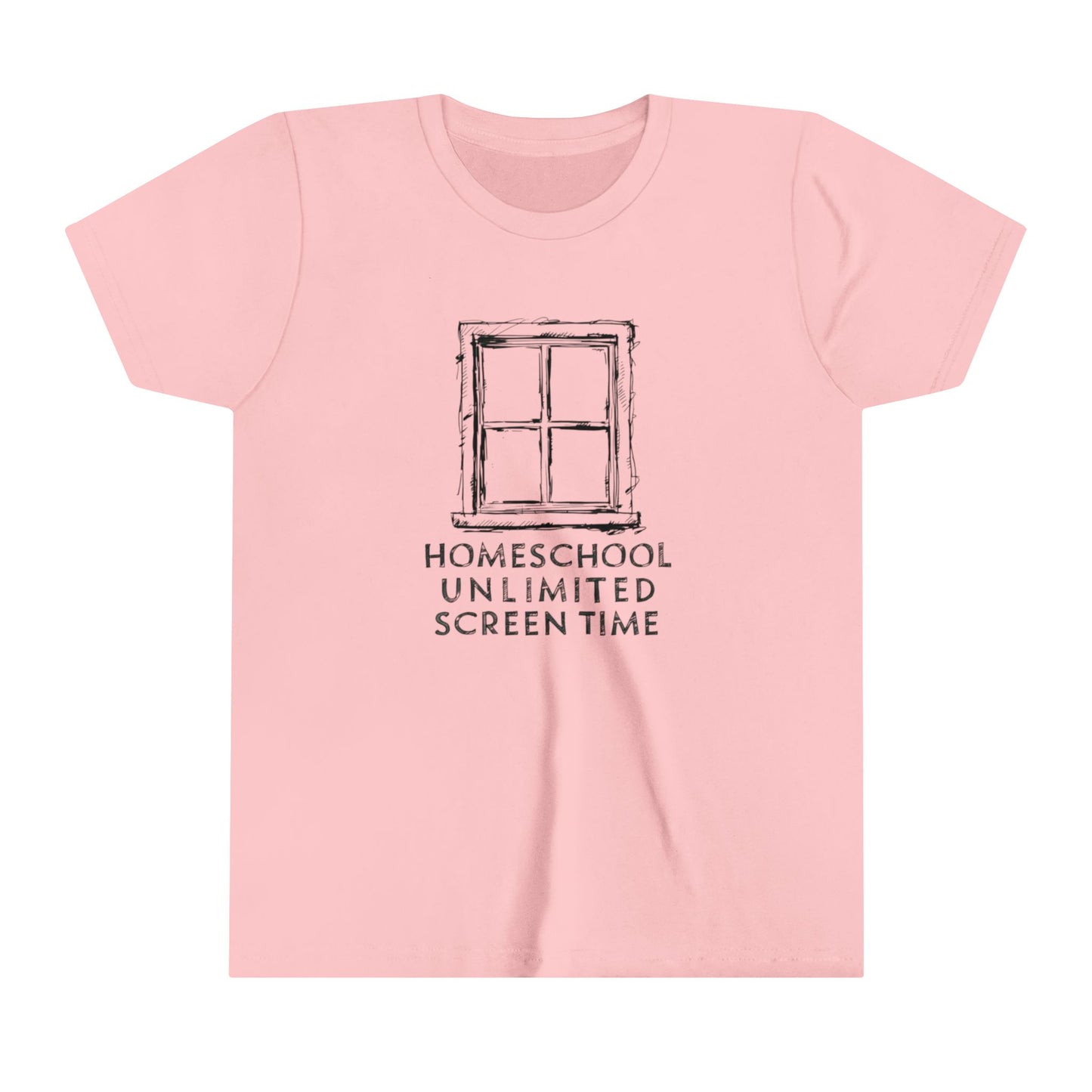 a blonde haired boy writing on table wearing a t-shirt with homeschool unlimited screen time