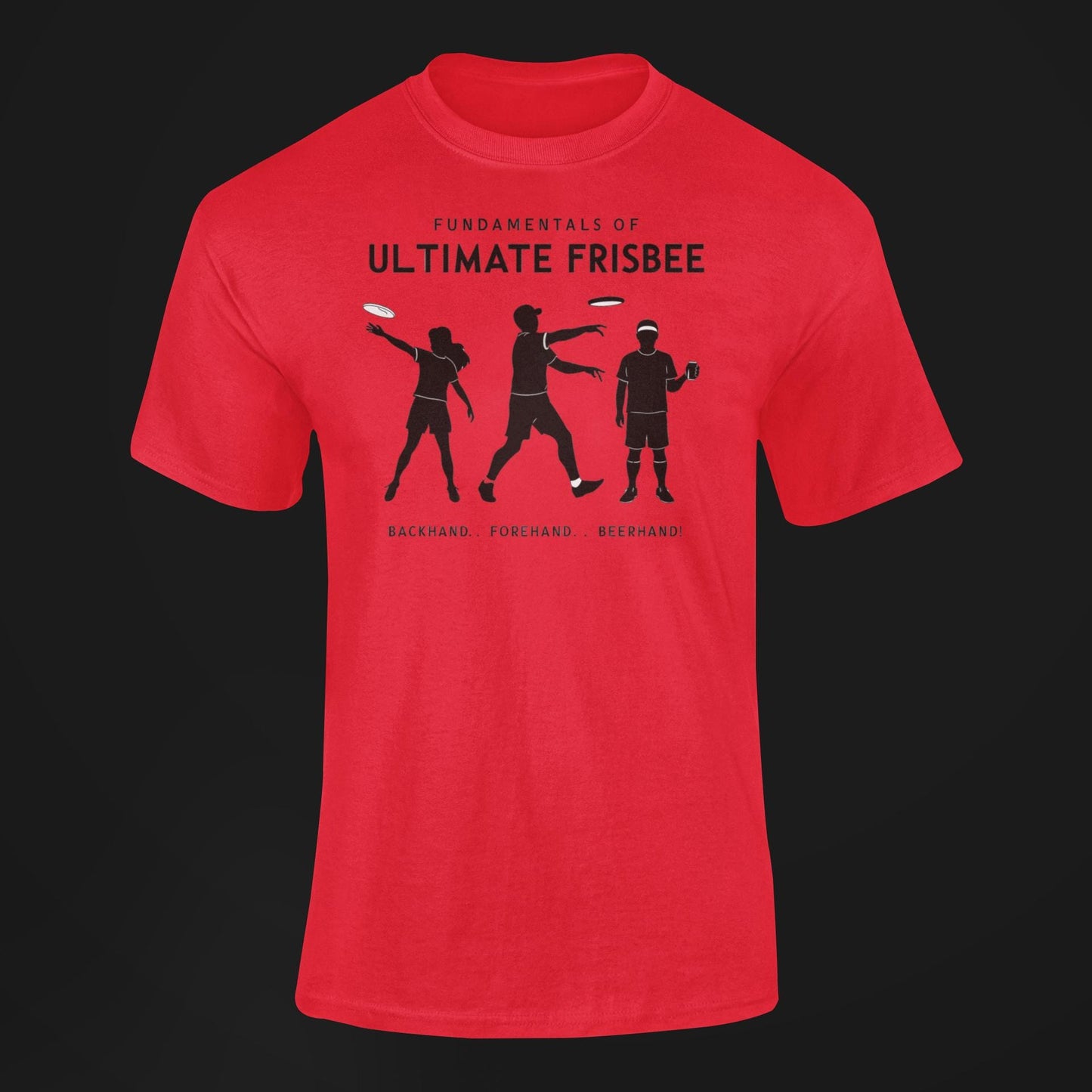 a red t shirt with a three stages of ultimate frisbee of people tossing of fundamentals of ultimate frisbee-backhand forehand and beerhand