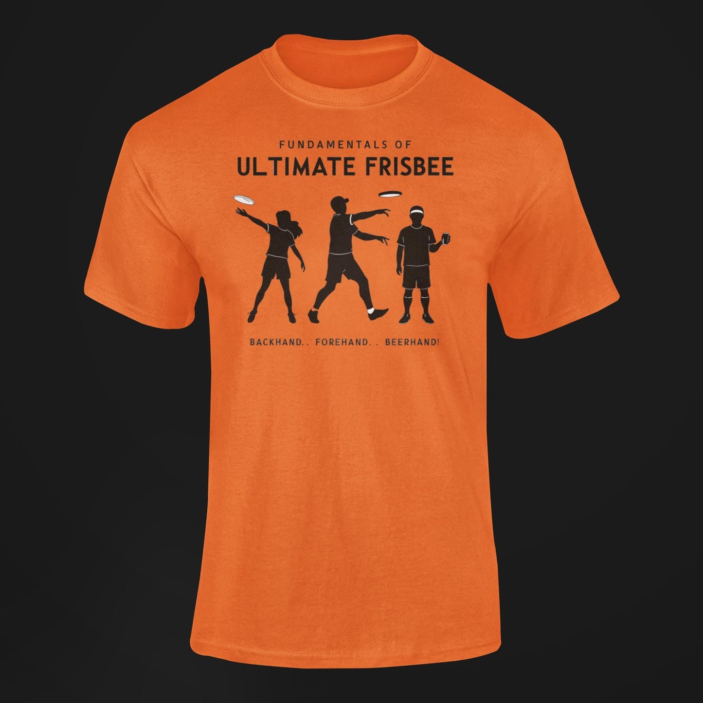 a orange t shirt with a three stages of ultimate frisbee of people tossing of fundamentals of ultimate frisbee-backhand forehand and beerhand