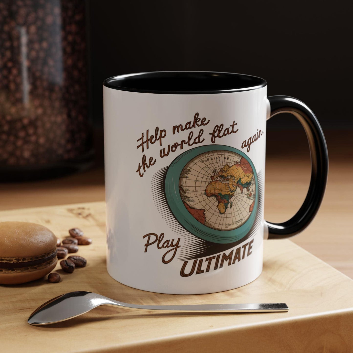 a frisbee with old world design caption Play Ultimate make the world flat again