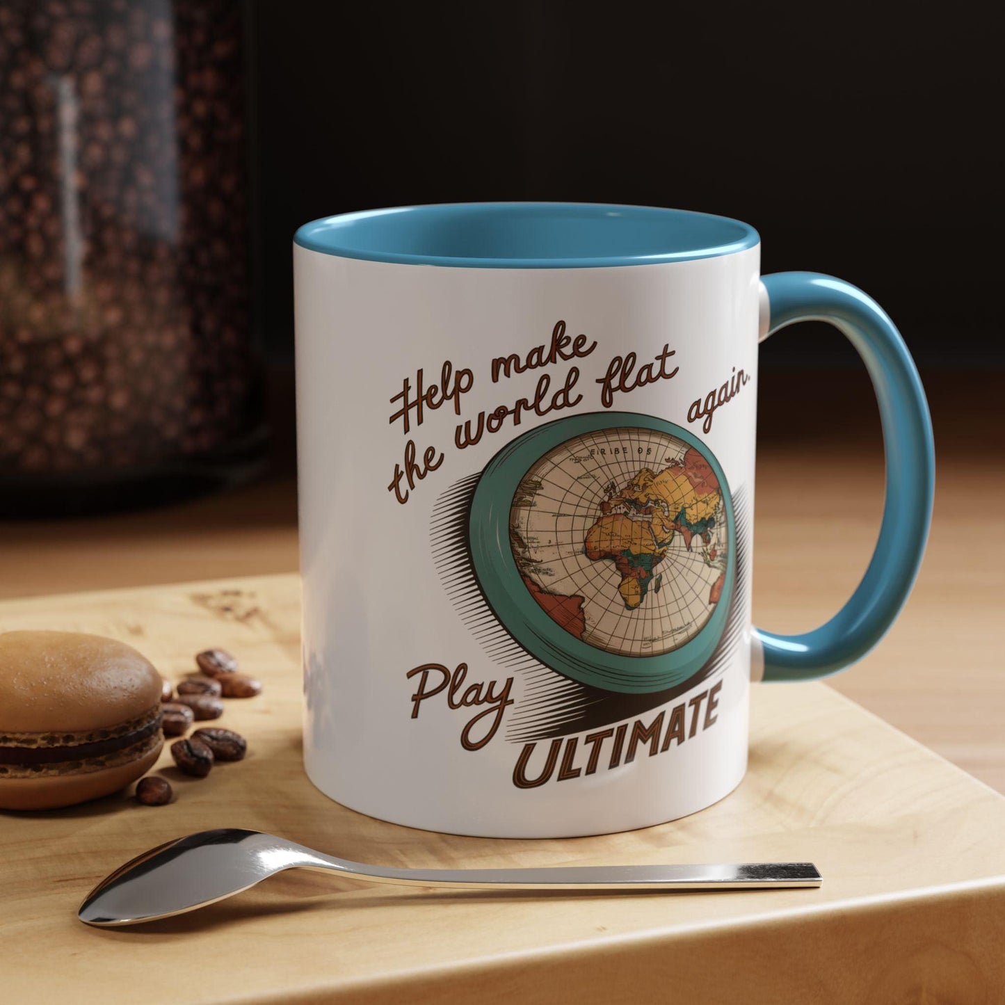 a frisbee with old world design caption Play Ultimate make the world flat again