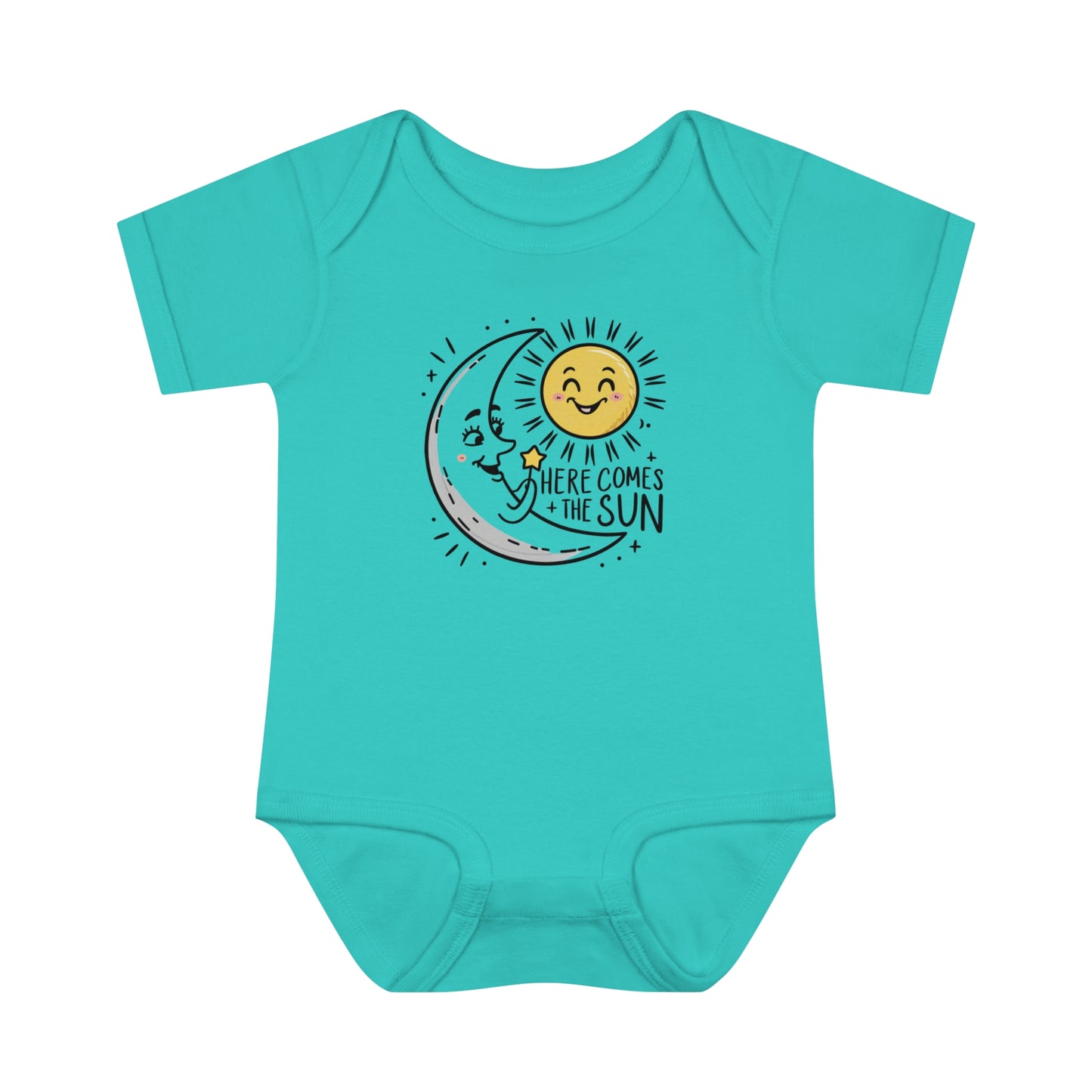 a onesie with the moon greeting the sun with the caption here comes the sun