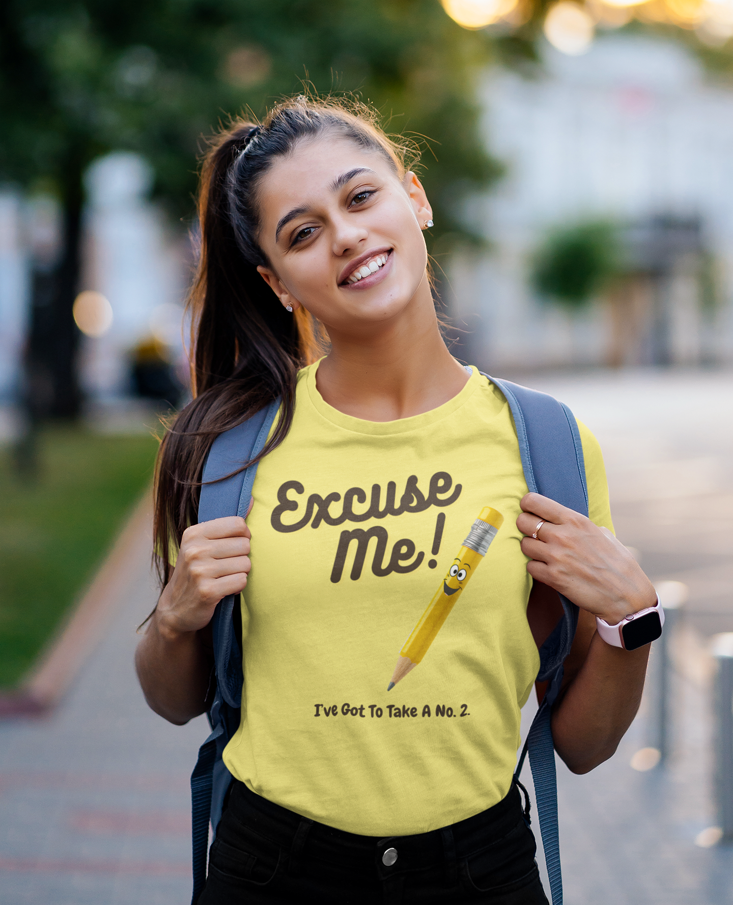 aa young woman wearing t shirt with a yellow pencil with the funny caption Excuse Me I've Got To Take a no.2