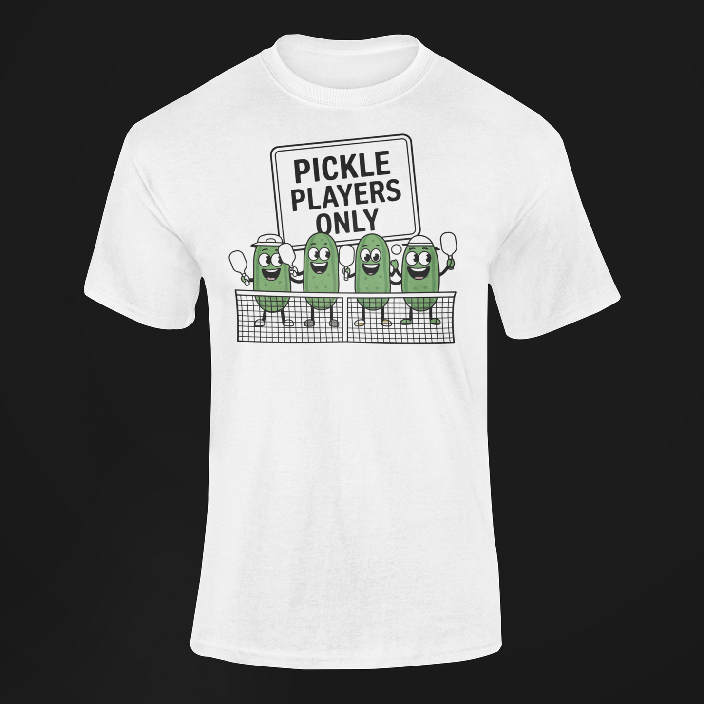 a white t shirt with pickles lined up playing pickleball with the slogan Pickle Players Only