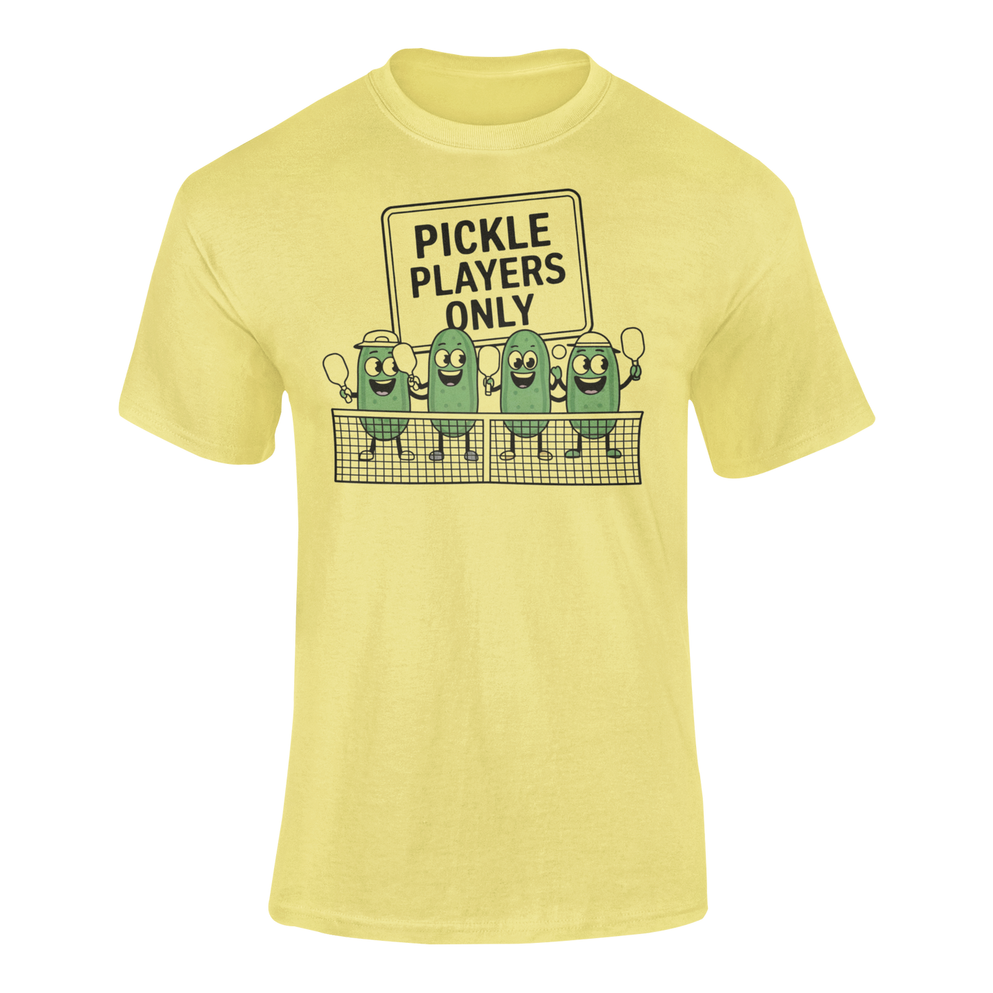 a t shirt with pickles lined up playing pickleball with the slogan Pickle Players Only