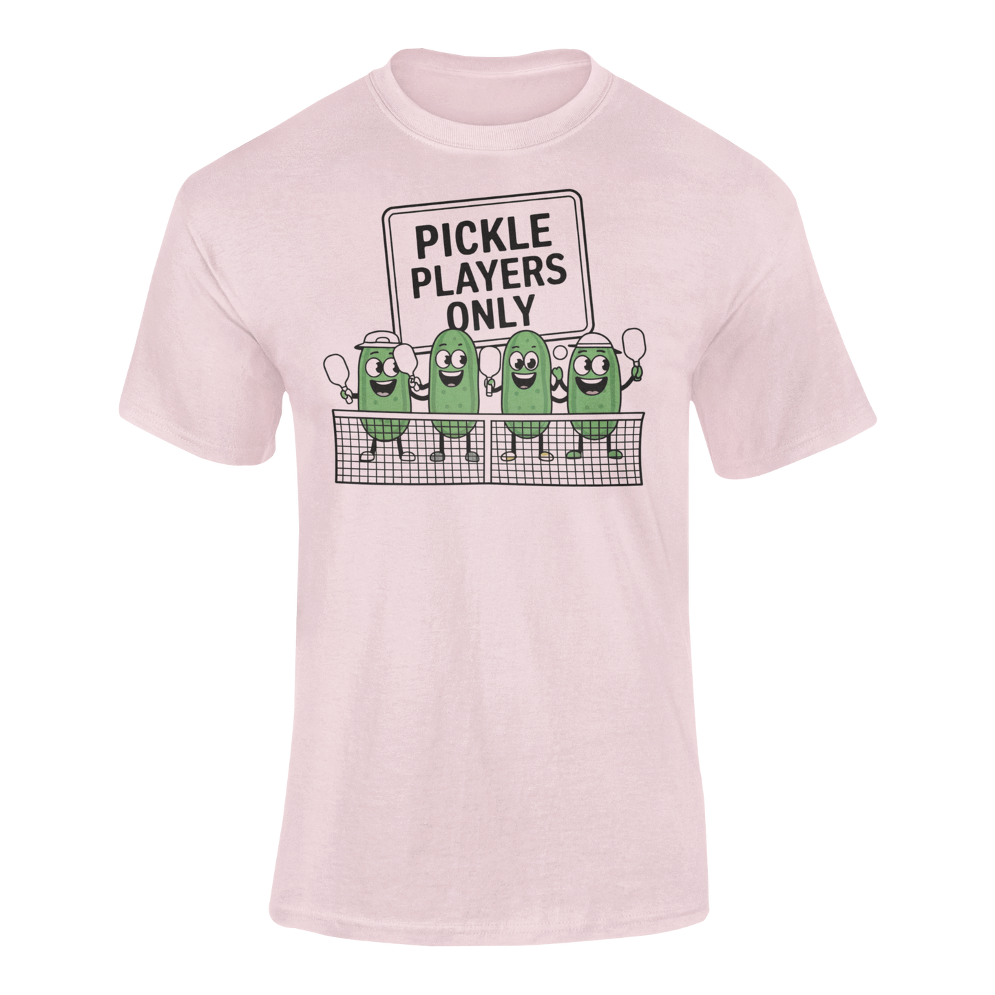 a pink t shirt with pickles lined up playing pickleball with the slogan Pickle Players Only