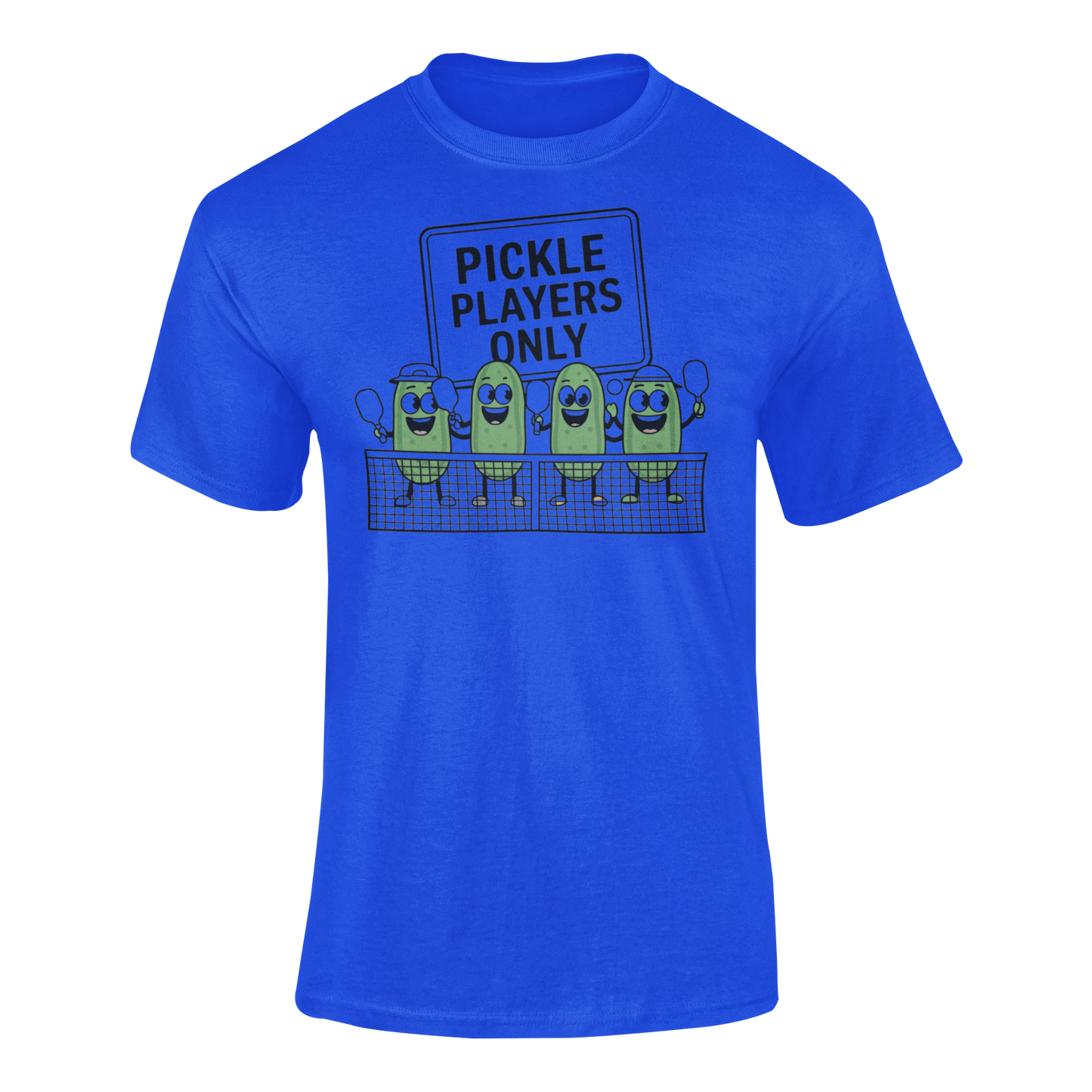 a blue t shirt with pickles lined up playing pickleball with the slogan Pickle Players Only