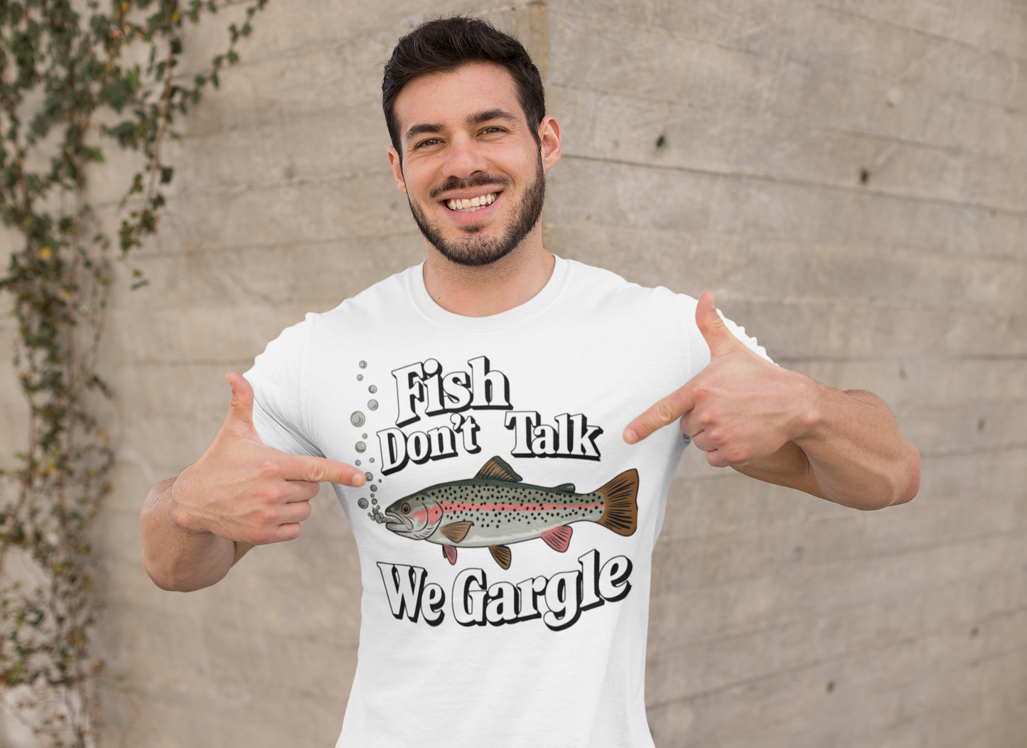 a man wearing a Fish Don't Talk We Gargle Fish Gift Shirt