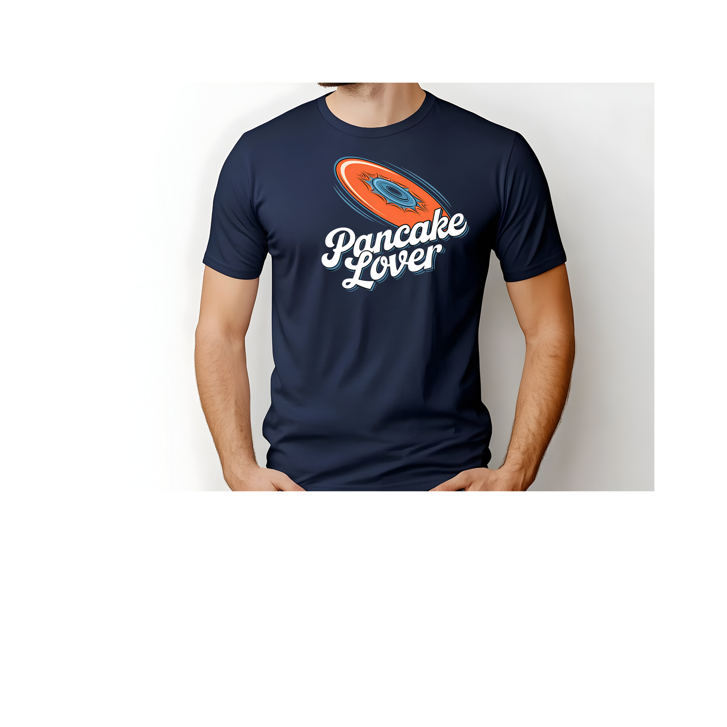 a model male Pancake Lover Ultimate frisbee blue shirt featuring a flying pancake in retro design lettering