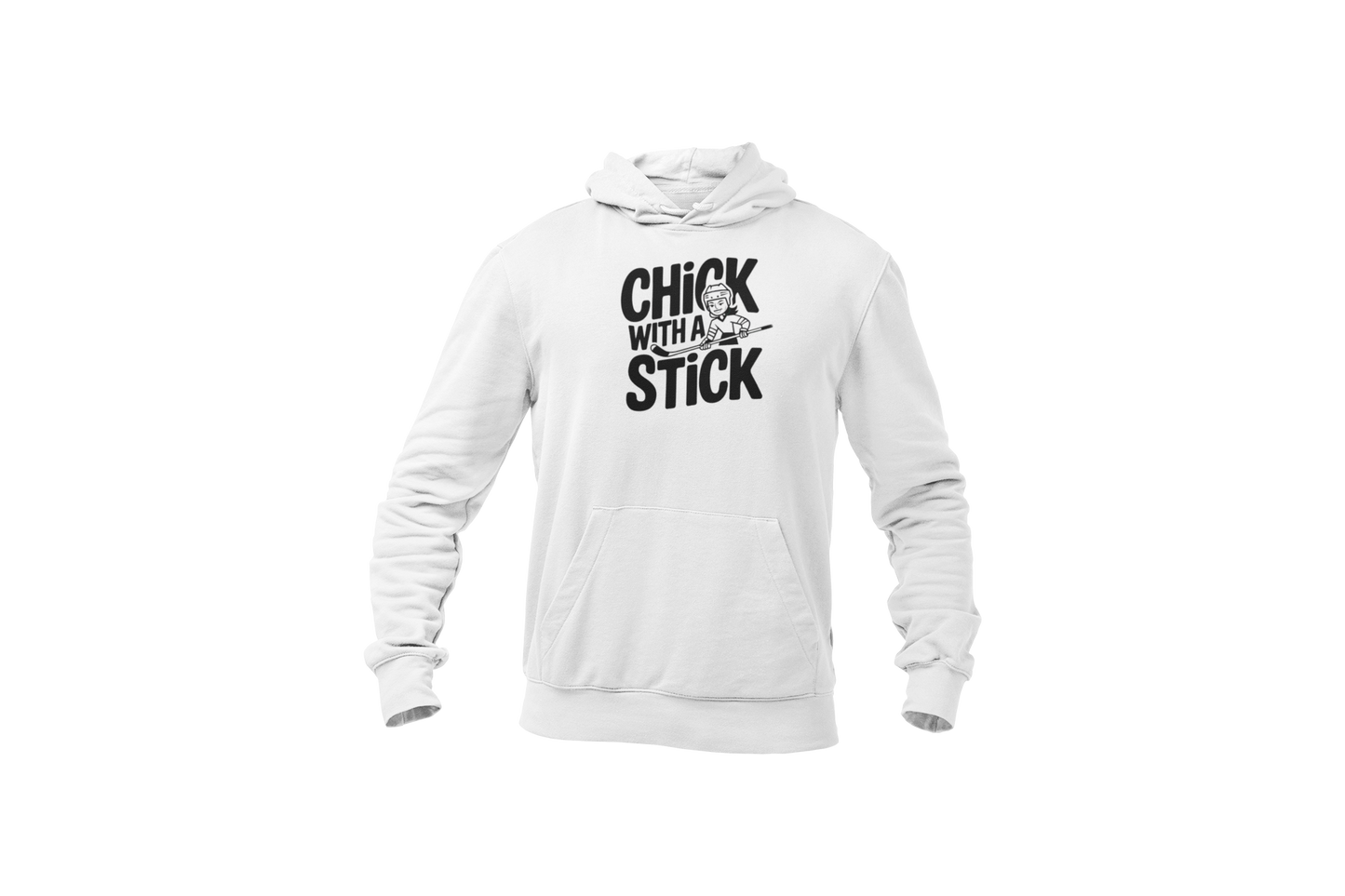 A white hoodies with the hockey slogan Chick With A Stick