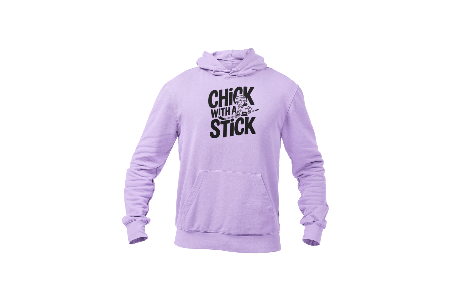 A light purple hoodies with the hockey slogan Chick With A Stick