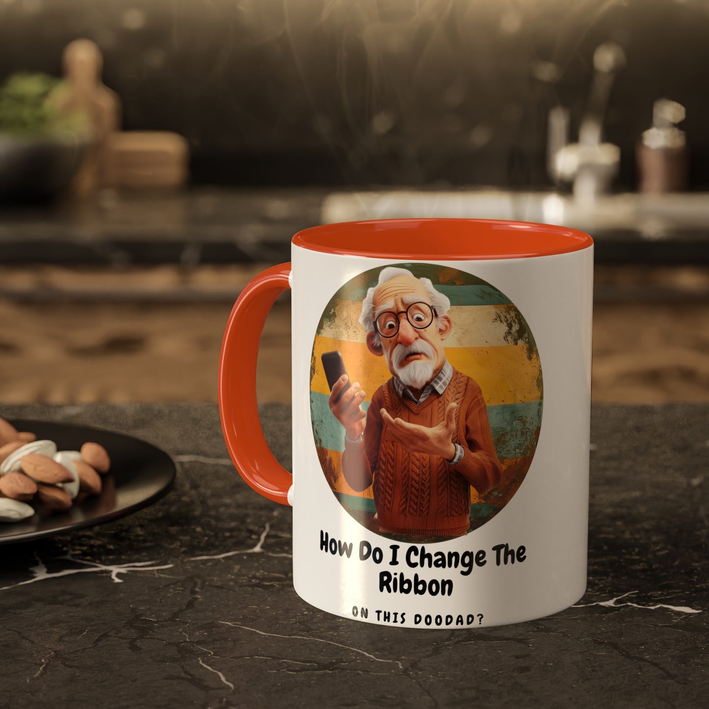 a elderly man holds a cell phone in confusion with the slogan how do I change the ribbon on this doodad