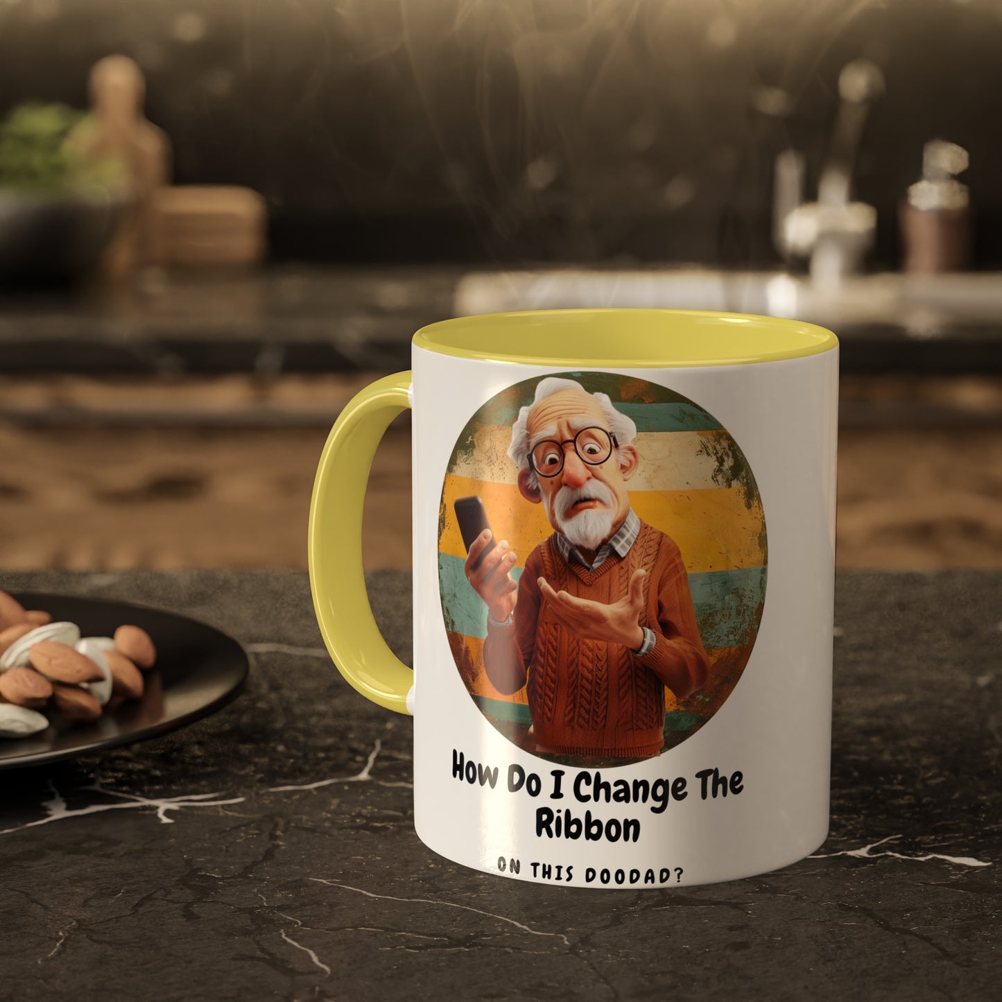 a elderly man holds a cell phone in confusion with the slogan how do I change the ribbon on this doodad
