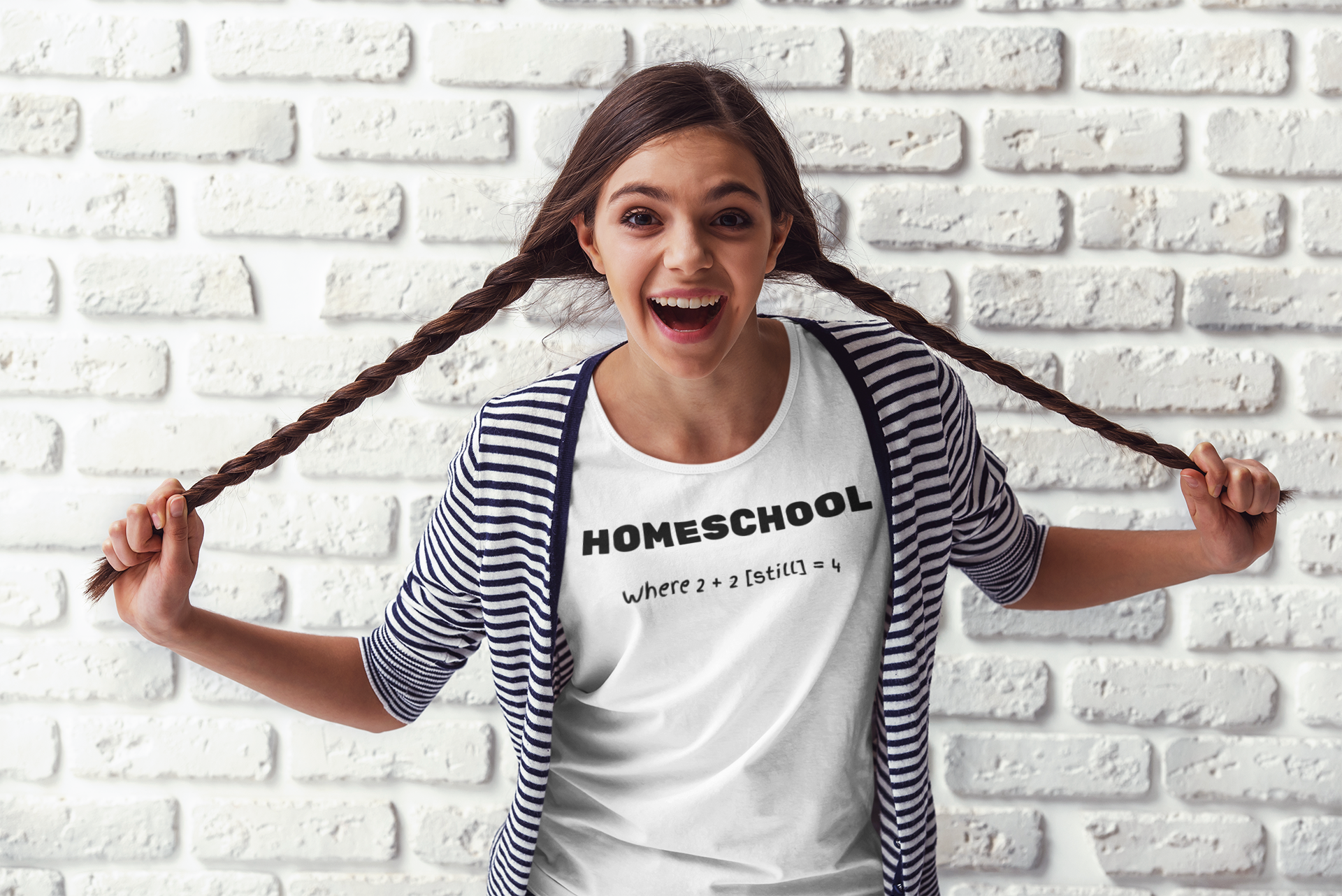 a female student wearing shirt with logo Homeschool Where 2 + 2 {still} = 4