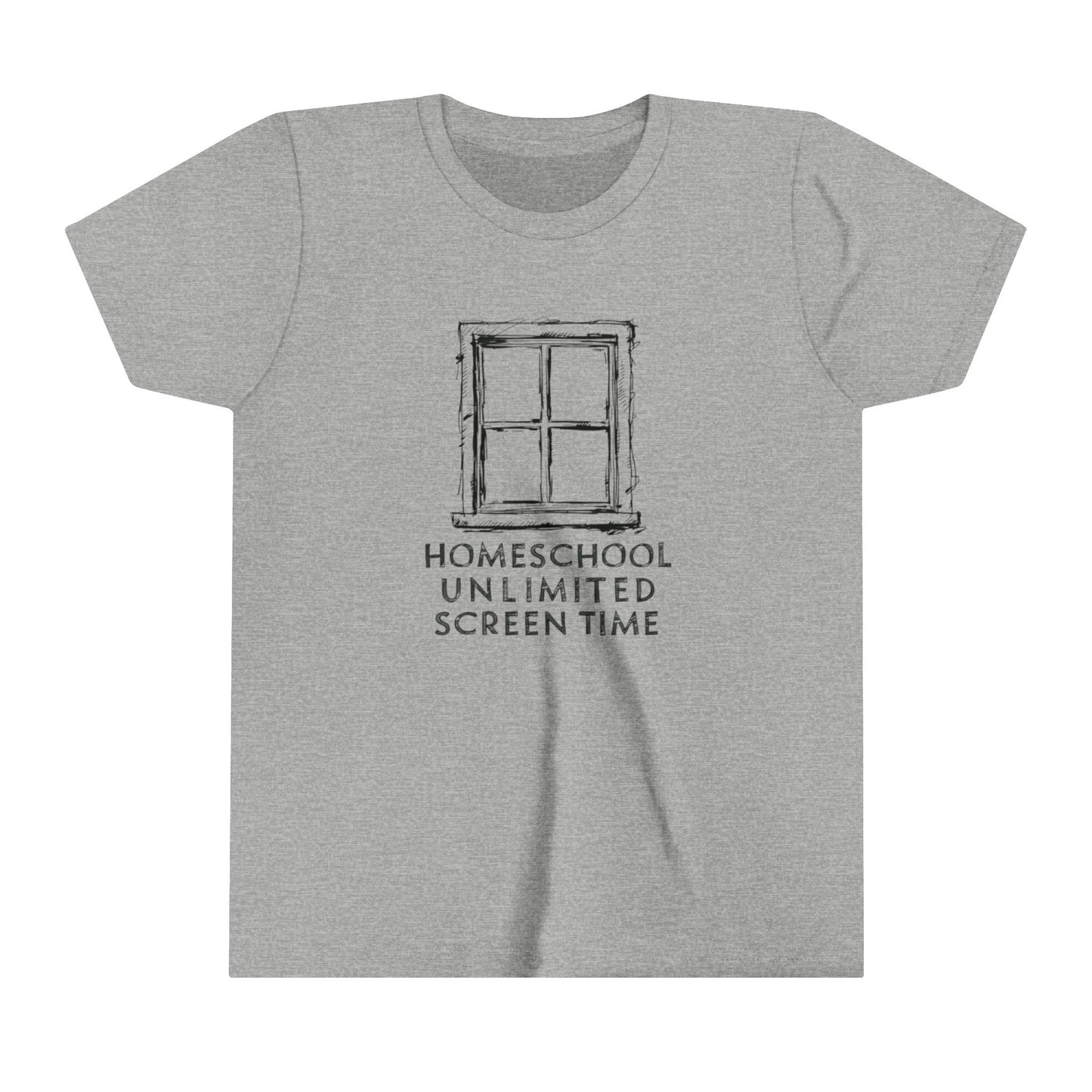 a blonde haired boy writing on table wearing a t-shirt with homeschool unlimited screen time