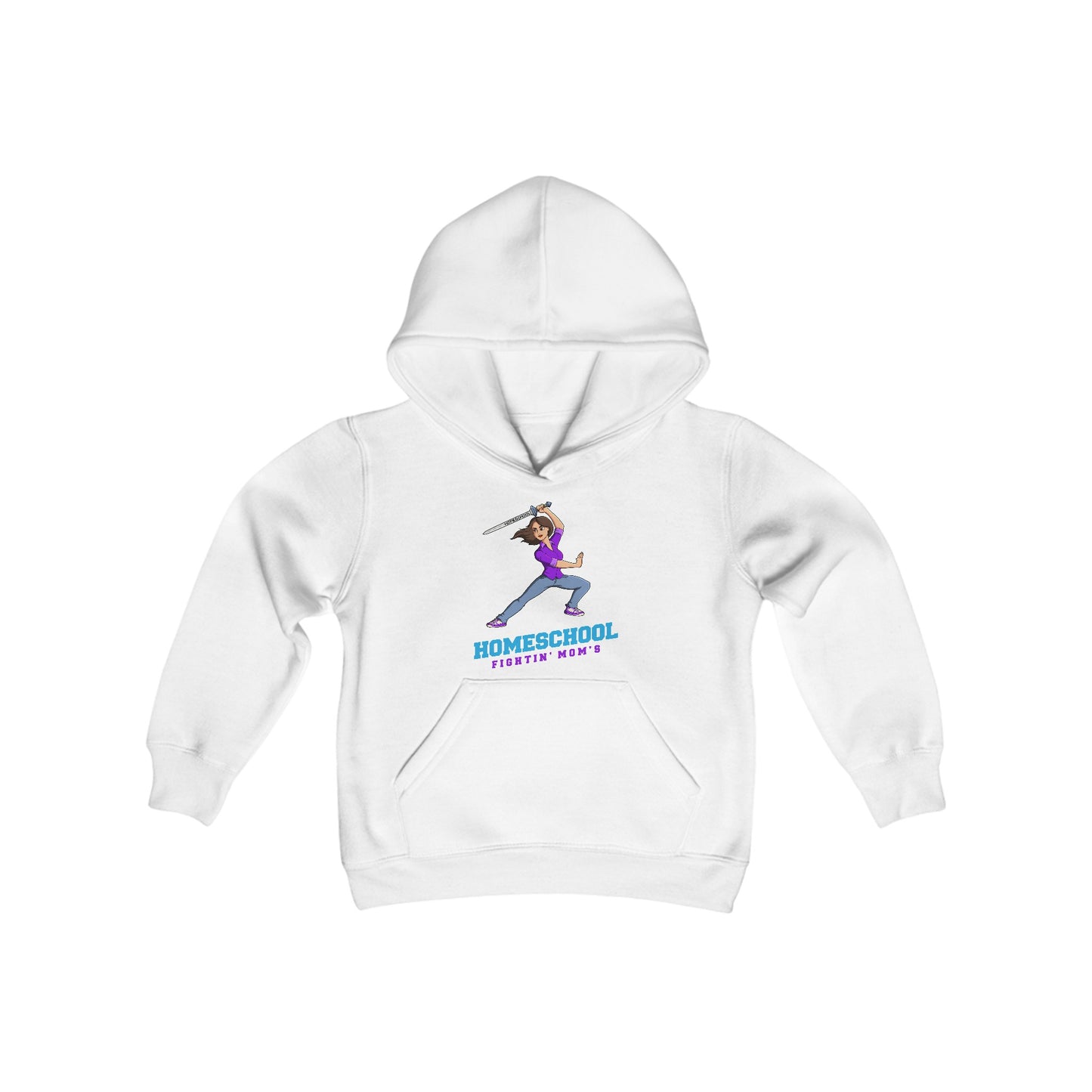 a white hoodie with the slogan homeschool fighitin mom's a cartoon of a young woman with cleverly branding a sword