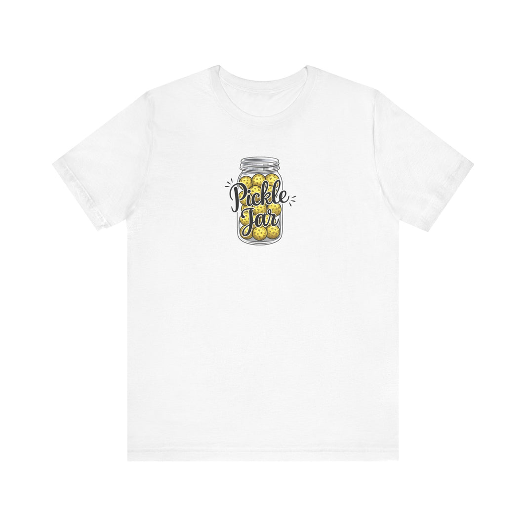pickleball shirt featuring pickles in a jar shaped like pickleballs