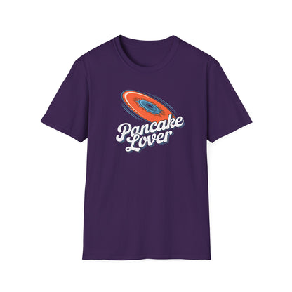 Pancake Lover Ultimate frisbee purple shirt featuring a flying pancake in retro design lettering