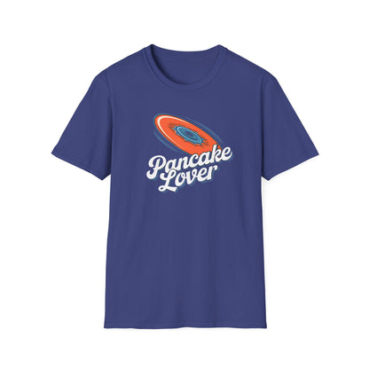 Pancake Lover Ultimate frisbee blue shirt featuring a flying pancake in retro design lettering