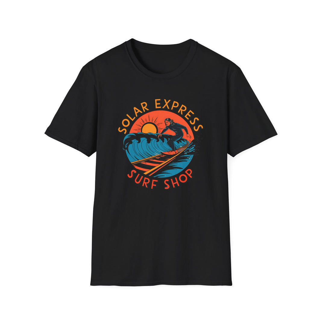 Solar express Surf Shop T shirt featuring surfer cruising along rail road tracks unique beach surf shirt with surfer