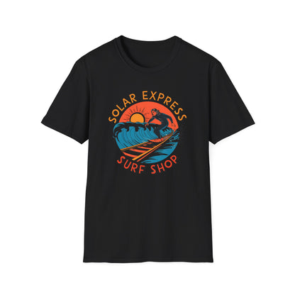 Solar express Surf Shop T shirt featuring surfer cruising along rail road tracks unique beach surf shirt with surfer