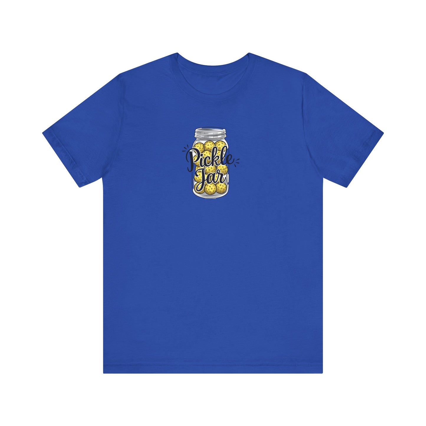 blue funny pickleball shirt featuring pickles in a jar shaped like pickleballs