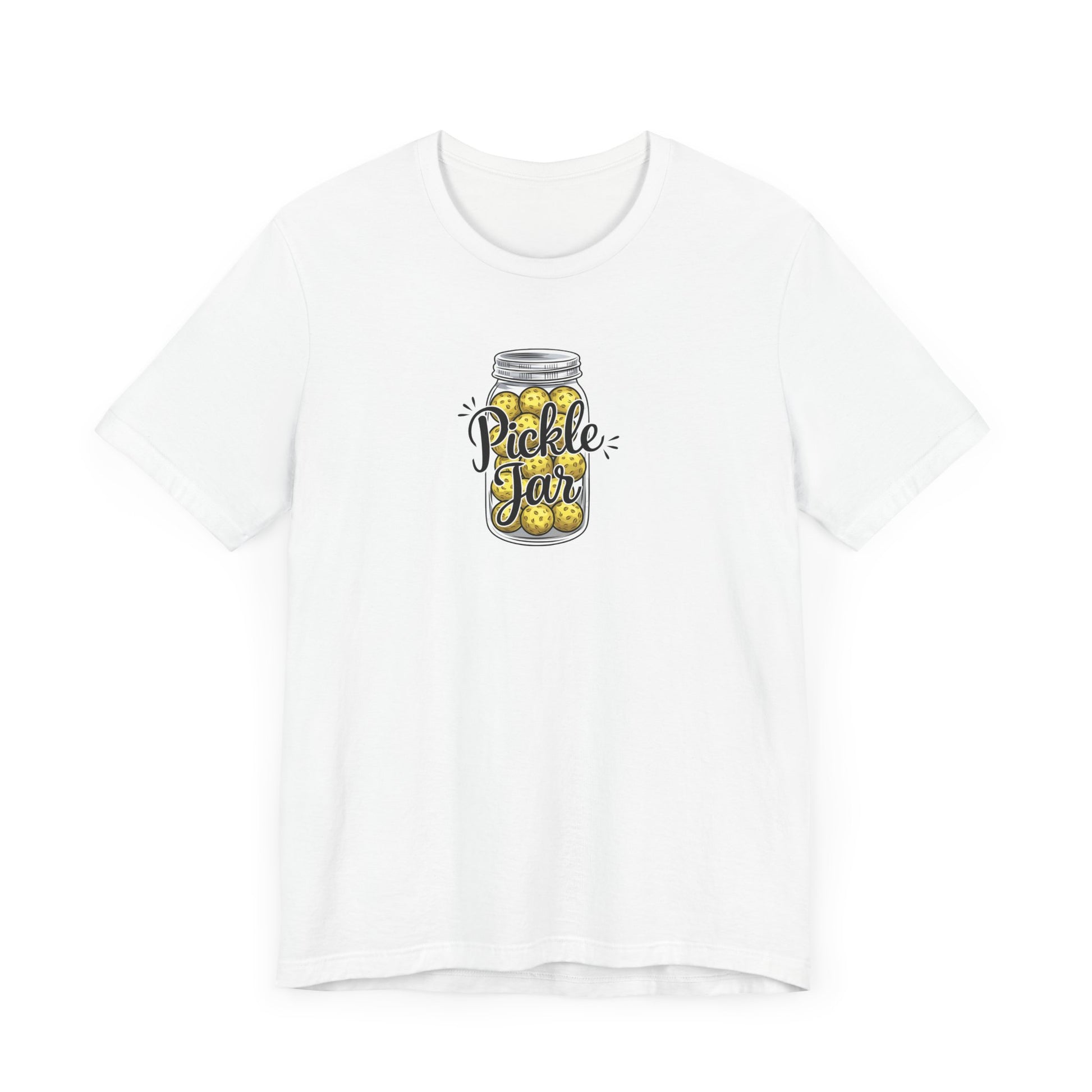 pickleball shirt featuring pickles in a jar shaped like pickleballs