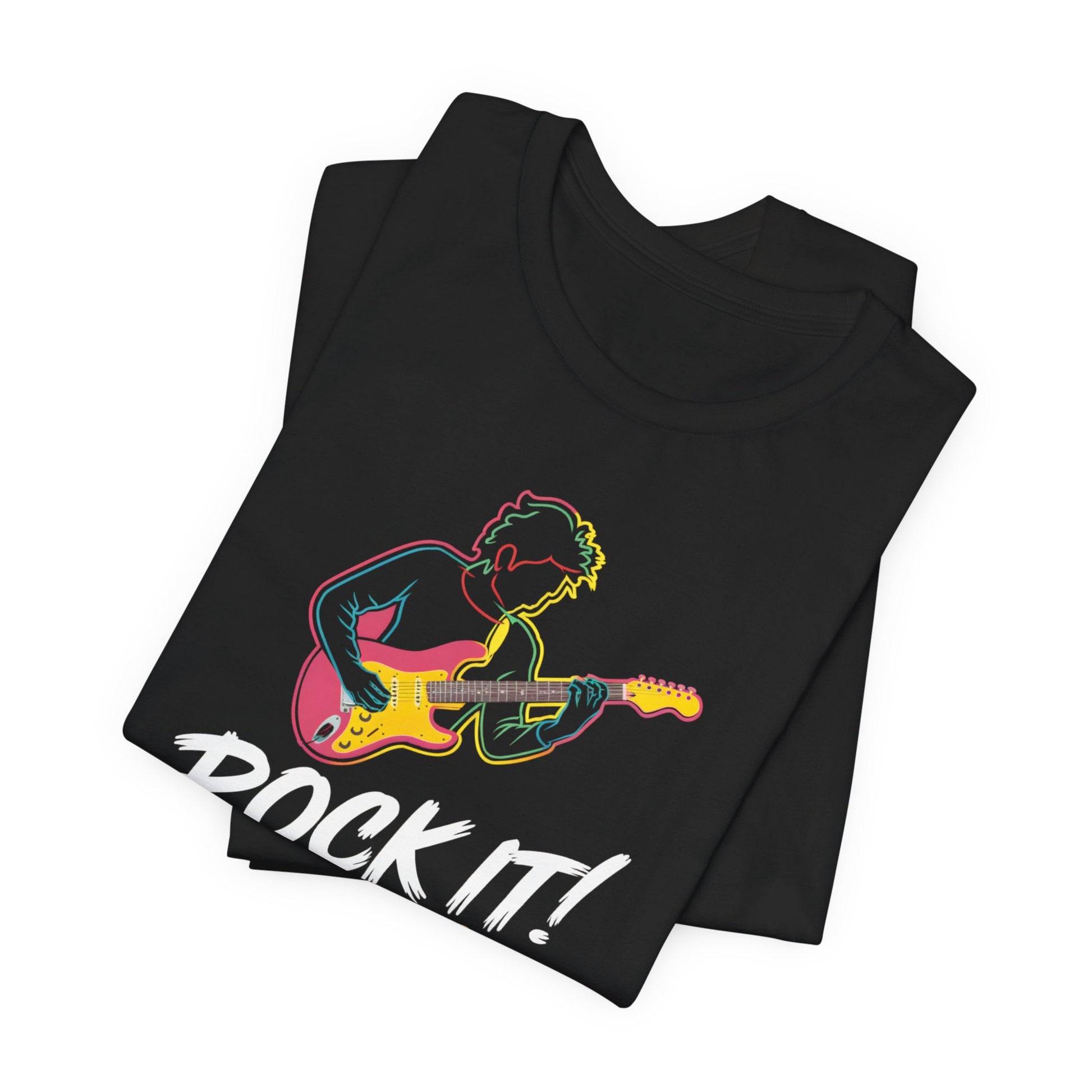 A folded  t-shirt with rock star jamming with the slogan Rock It Scientist