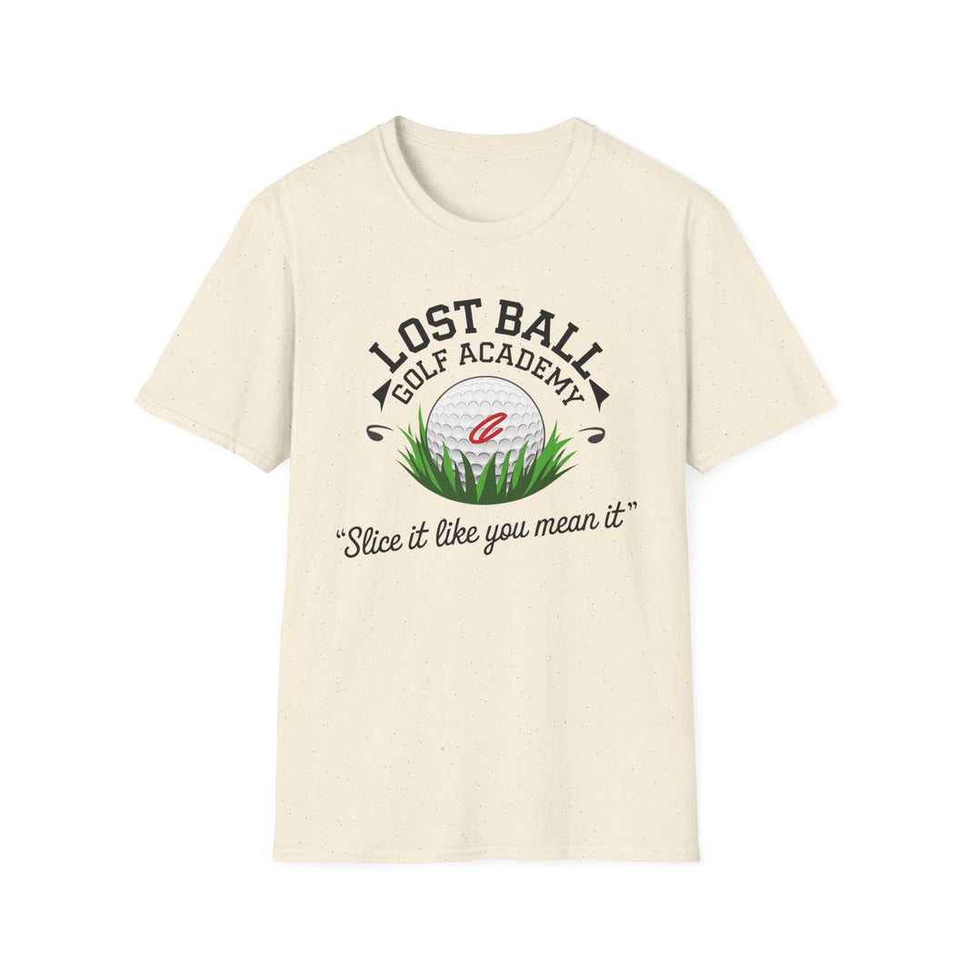 Lost Ball Golf Acacemy "Slice it like you mean it" t shirt featuring lost ball in the grass. 