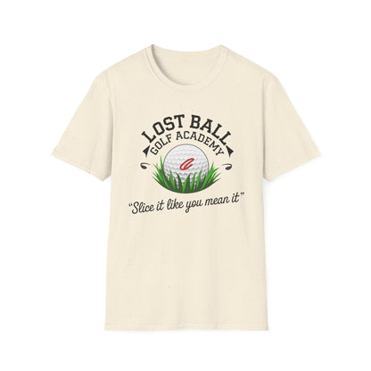 Lost Ball Golf Acacemy "Slice it like you mean it" t shirt featuring lost ball in the grass. 