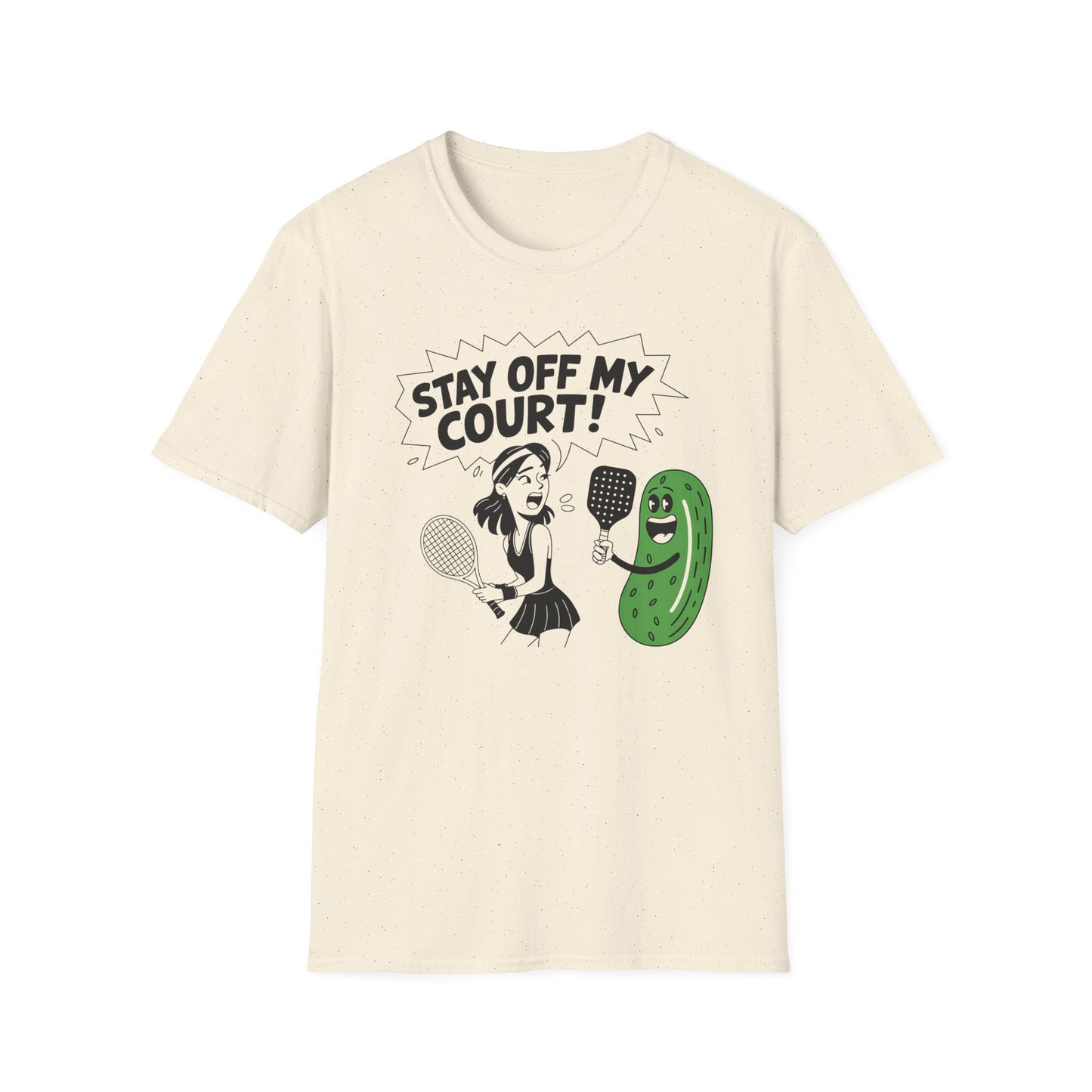 Stay off my court funny tan t shirt featuring female tennis player yelling at a pickle ith a pickle raquet