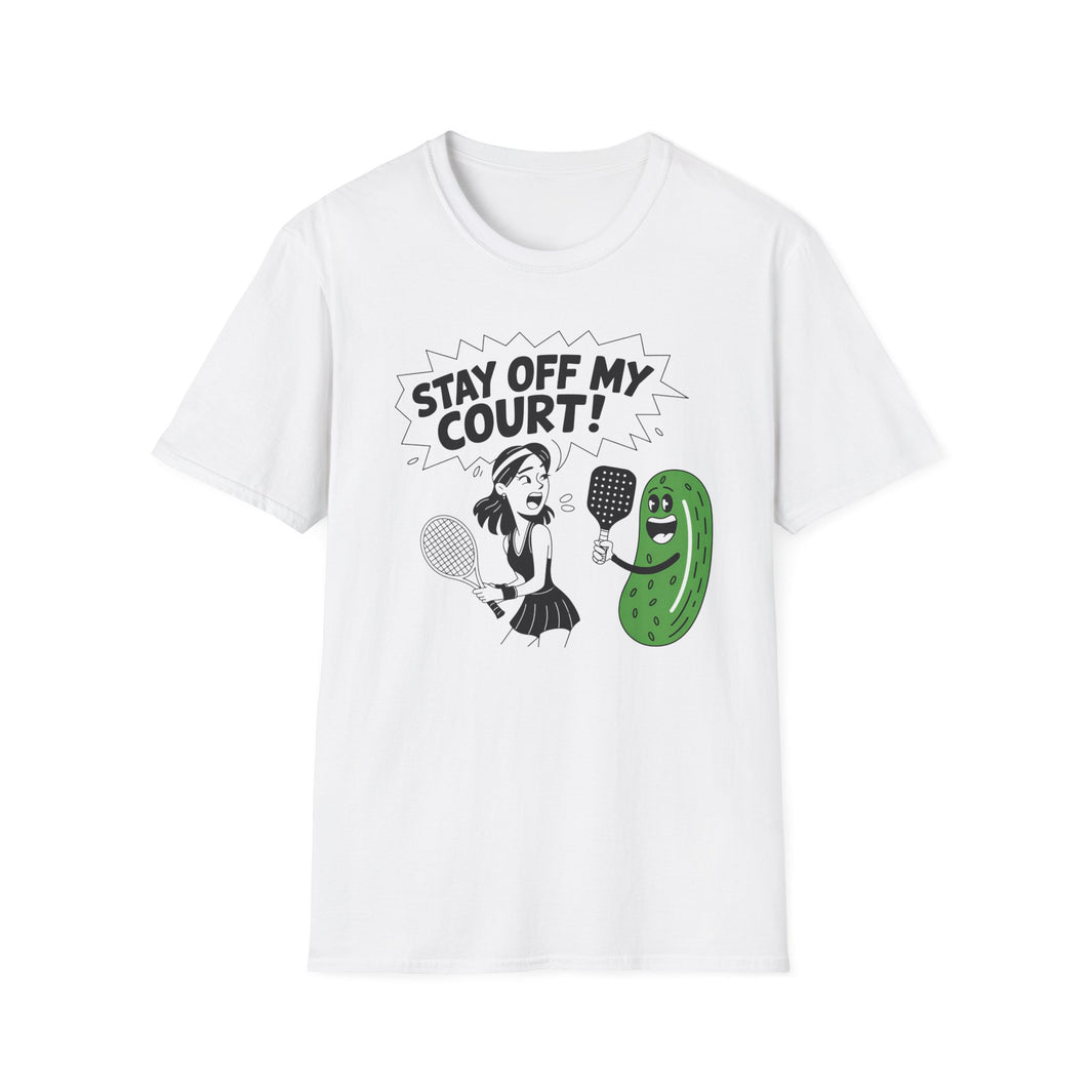 Stay off my court funny t shirt featuring female tennis player yelling at a pickle ith a pickle raquet