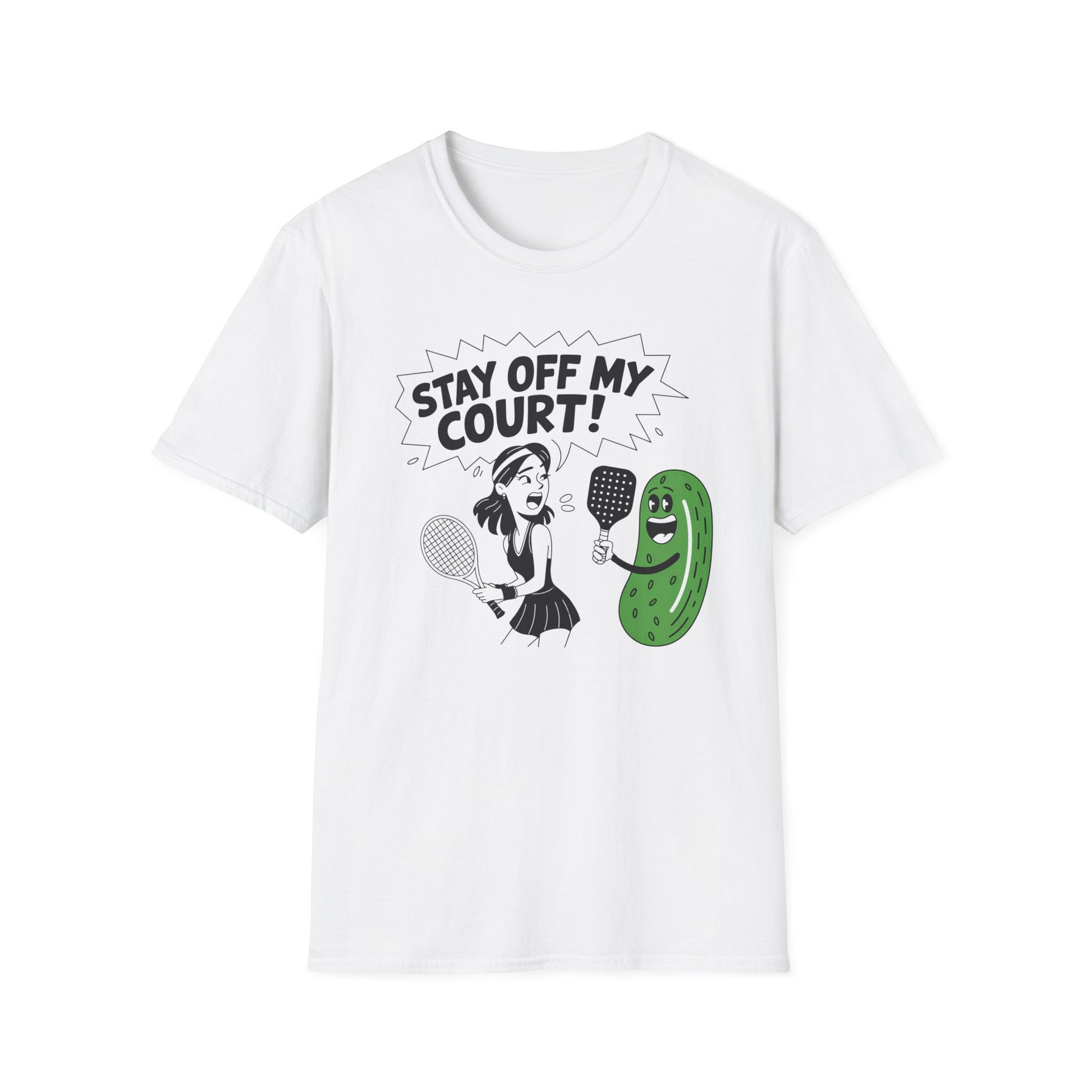 Stay off my court funny t shirt featuring female tennis player yelling at a pickle ith a pickle raquet