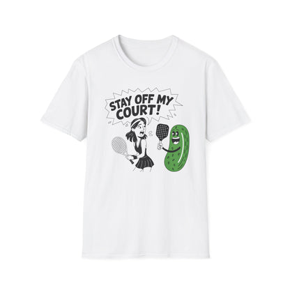 Stay off my court funny t shirt featuring female tennis player yelling at a pickle ith a pickle raquet