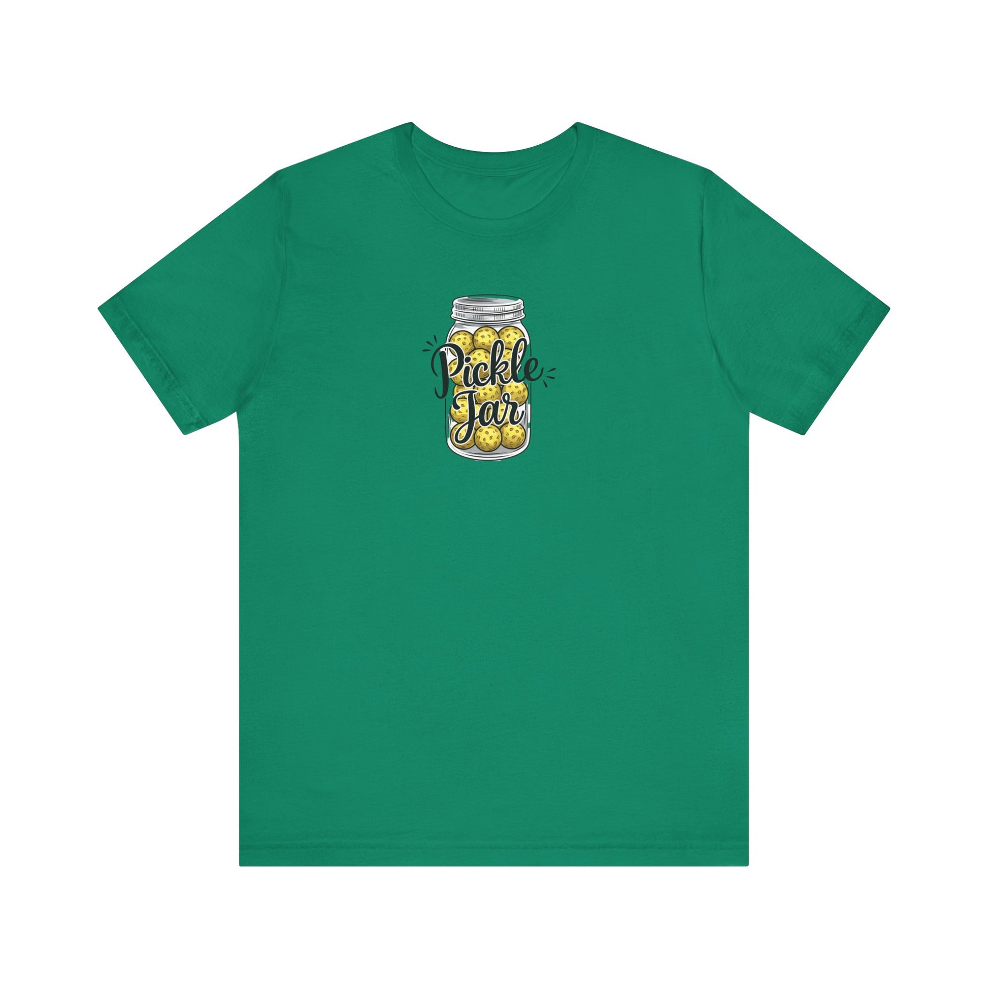 pickleball shirt featuring pickles in a jar shaped like pickleballs
