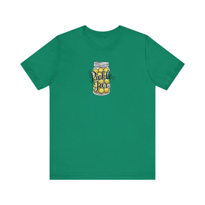 pickleball shirt featuring pickles in a jar shaped like pickleballs