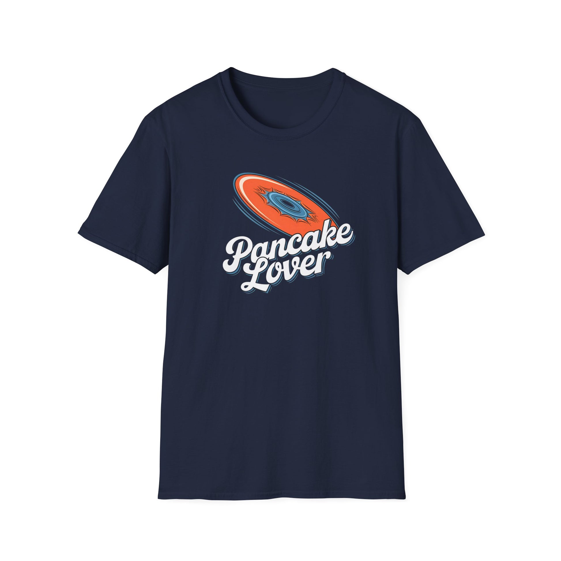 Pancake Lover Ultimate frisbee dark lue shirt featuring a flying pancake in retro design lettering