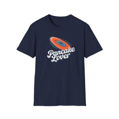 Pancake Lover Ultimate frisbee dark lue shirt featuring a flying pancake in retro design lettering