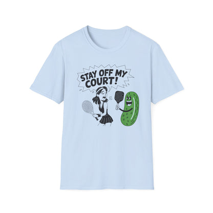 Stay off my court funny blue  t shirt featuring female tennis player yelling at a pickle ith a pickle raquet