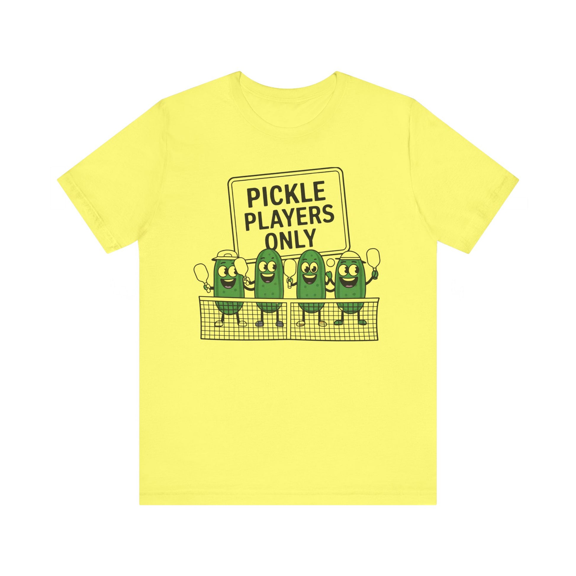 Pickle Players Only Shirt featuring a row of smiling pickles holding pickleball raquets behind a net