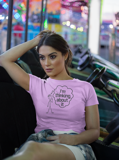 beautiful woman relaxing on a chair wearing a I'm Thinking About it T-Shirt With Stickman In Deep Yoga thought