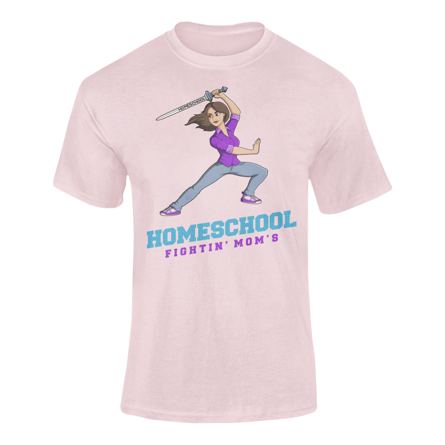 a illustration of mom branding a sword with the slogan Homeschool Fightin' Mom's