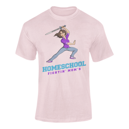 a illustration of mom branding a sword with the slogan Homeschool Fightin' Mom's