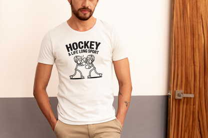 a male wearing a funny t-shirt with two stickman hockey players boxing with the slogan Hockey A Life Long Sport