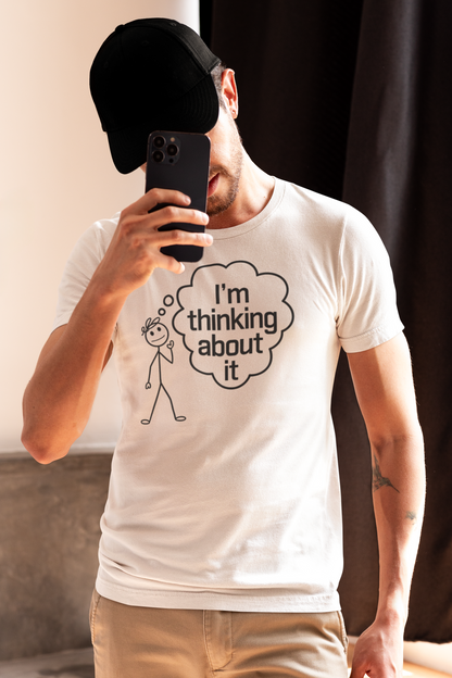 a young man taking a selfie wearing a I'm Thinking About it T-Shirt With Stickman In Deep Yoga thought