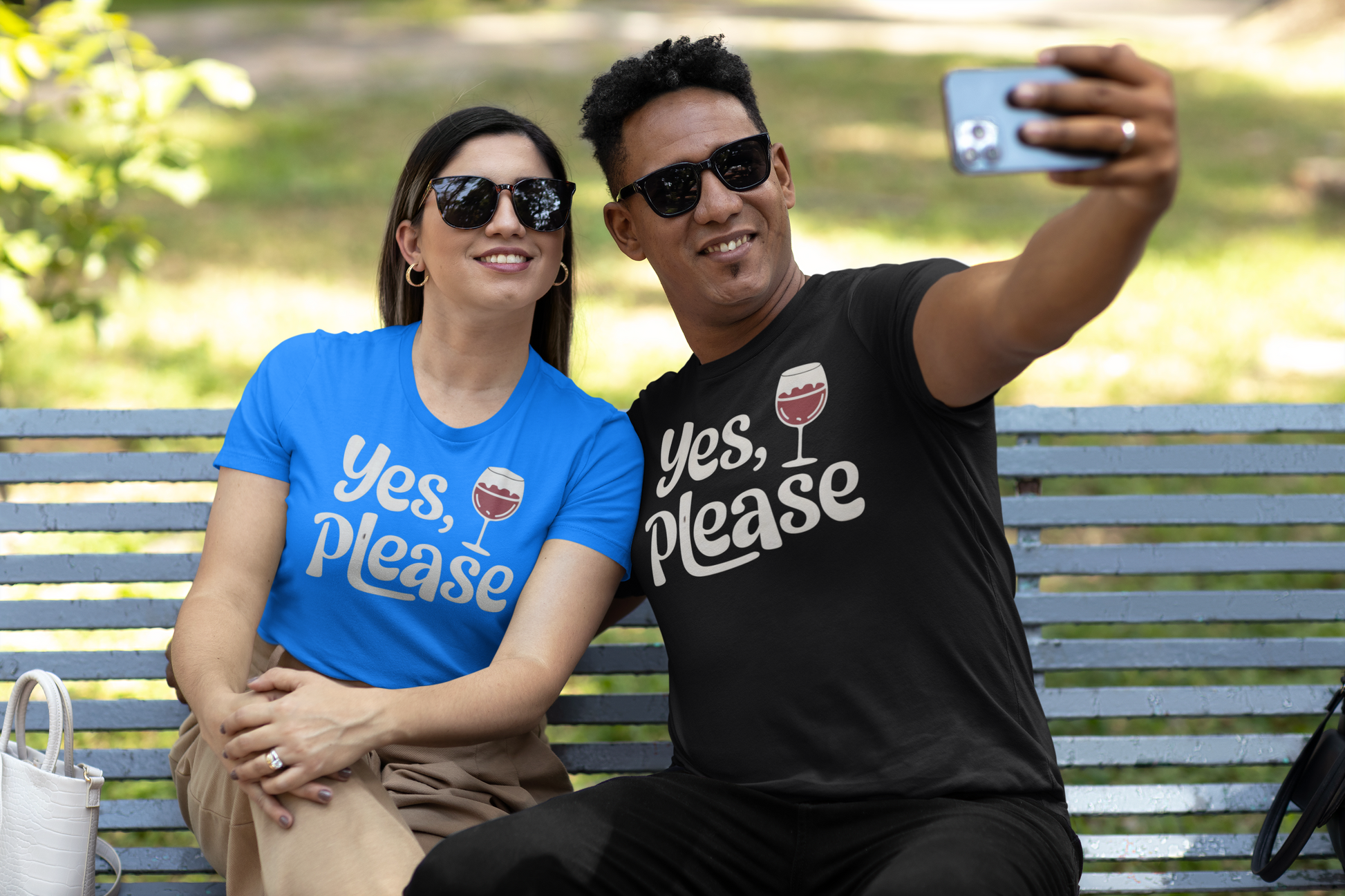 a couple enjoying wine and selfie wearing a gifts of Yes, Please Wine Lover shirt